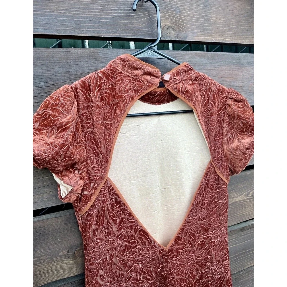 We The Free People Rust Orange Velour Open Back Mini Lace Dress Sz 2/XS Puff Slv